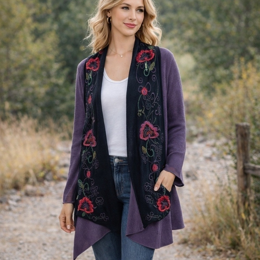 Simply Natural Alpaca Cardigan Womens Medium Purple Floral Embroidered Boho Knit